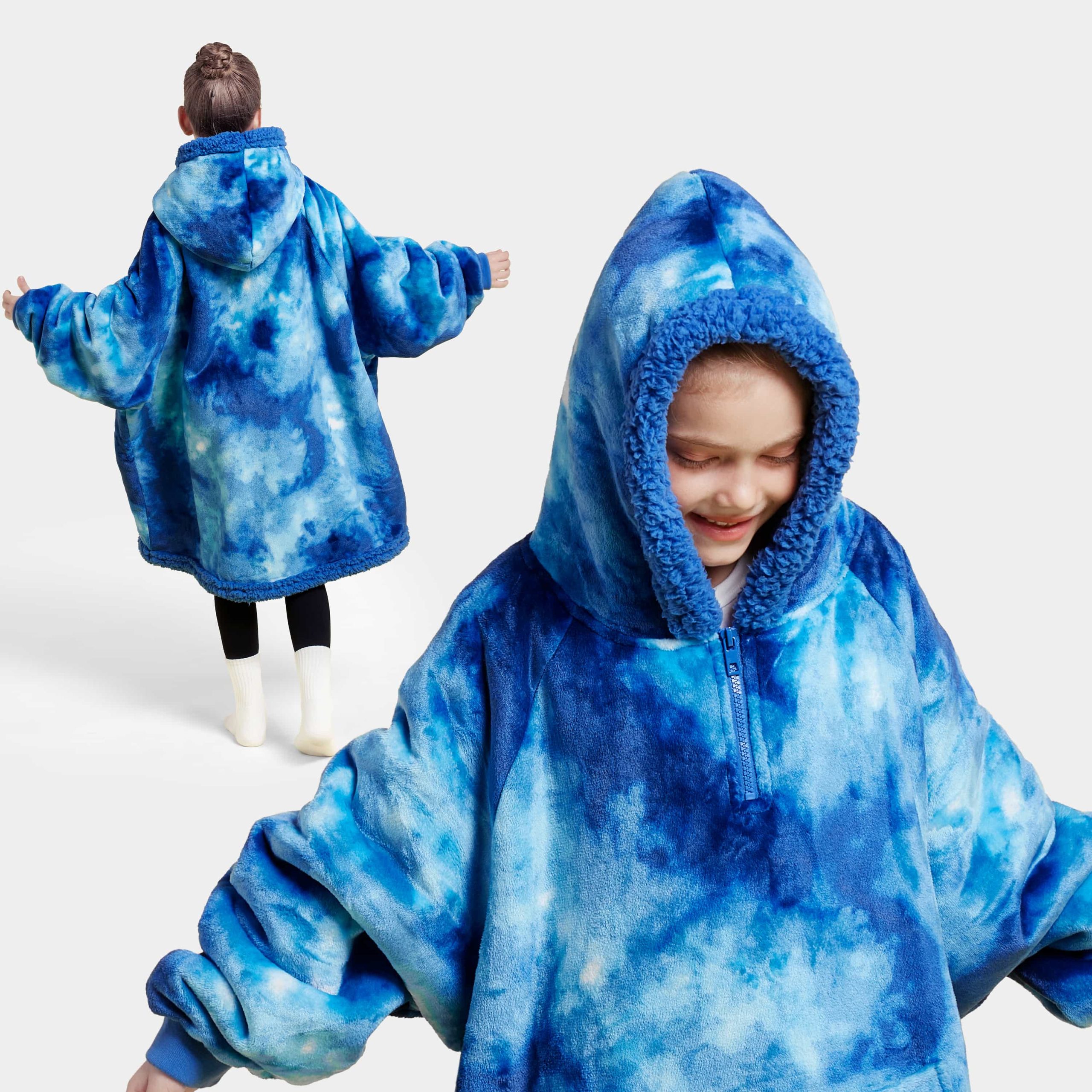 Kids Sherpa Wearable Blanket-Dark Blue Tie Dye - Image 2
